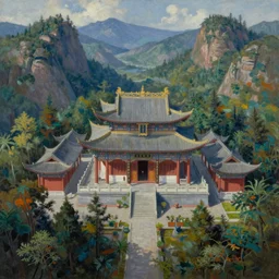 traditional chinese temple in yunnan, seen from above surrounded by mountains and forest, greg rutkowski, andreas rocha, realism, fantasy painting, oil on canvas