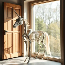 a photograph of a unicorn horse skeleton standing next to an open window, award winning