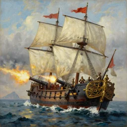 Oil Painting  of a pirate battelship firing canons