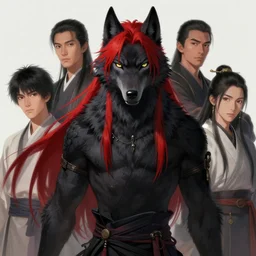 award winning portrait of a male anthropomorphic anime black wolf long red hair. character design by cory loftis, fenghua zhong, ryohei hase, ismail inceoglu and ruan jia. artstation, artistic lighting, highly detailed, photorealistic, fantasy