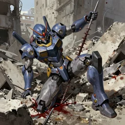 a mecha pilot is impaled violently on a piece of rebar amongst building debris, digital painting masterpiece by joji morikawa, 4 k anime wallpaper, bloody