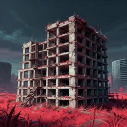 a beautiful very detailed illustration of unfinished building blockhouse building abandoned nature city architecture urbex industrial architecture by benedek vass, bladerunner 2 0 4 9 sci - fi dramatic lighting retrowave uv light infrared meadow fisheye, archdaily, wallpaper, highly detailed, trending on artstation.