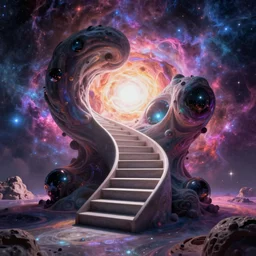 a cosmic staircase leading into an ethereal realm, surreal, hyper-shapes, by Nick Xsullo, vibrant colourful cosmic background, rendered in Octane