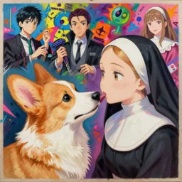 beautiful anime painting of corgi vampire sucking on a nun, by noah bradley, patrick woodroffe, posuka demizu, qing han, trending on artstation, 8 k, masterpiece, graffiti paint, fine detail, full of color, intricate detail, golden ratio illustration, face enhance