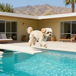 medium shot of one cream colored havanese dog jumping from a diving board at a pool at a mid century modern house in palm springs by david hockney