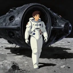 a man with a futuristic white space armor walking out of a black spaceship on the moon, black spaceship, black spaceship, in the style of studio ghibli, j. c. leyendecker, greg rutkowski, artem