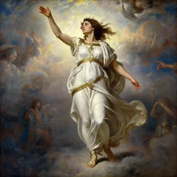 Full body oil painting of the beautiful woman Gal Gadot, she is wearing some withe ancient roman cloths and a surreal ornate, her hair is natural disheveled, she is approaching heaven, naturalism, dramatic lighting, high-detailed oil painting by Ilya Repin, Michelangelo da Caravaggio, William Blake, Alex Grey and Beksinski, trending on Artsatio, hystorical painting, masterpiece, 4k, 8k,