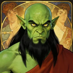 character portrait, green skin, yellow eyes, angry, handsome d & d orc ; monk ; with black hair and black beard, alphonse mucha, rhads, ross tran, dungeons and dragons character art commission, artstation, artgerm, 8 k