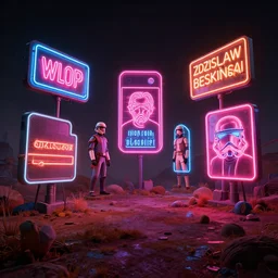 Various Neon signs over a surreal landscape, rendered by zdzisław beksiński, simon stålenhag, Beeple, environment concept, digital art, starwars, unreal engine, 3 point perspective, WLOP, trending on artstation, low level, 4K UHD image, octane render,