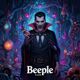 Beautiful hyperdetailed psychedelic horror fantasy art of a vampire by Beeple, album cover, other dimensions, dmt, acid trip