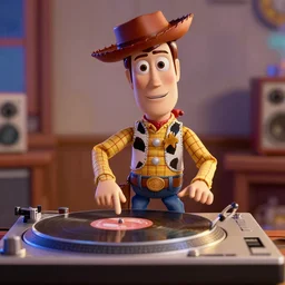 Woody from Toy Story DJing with turntables, photoreal
