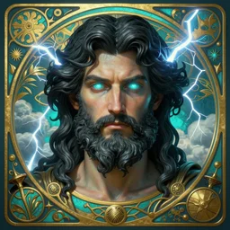 the god zeus, portrait, wavy black hair, bushy beard, glowing eyes, thunder, clouds, volumetric lights, cyan and gold scheme, art nouveau botanicals, gothic, intricate, highly detailed, digital painting, artstation, concept art, smooth, sharp focus, symmetric face, illustration, steampunk, art by artgerm and greg rutkowski and alphonse mucha