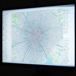 cyberscreens projecting reference a detailed sheet reference sheet of the city map, perfect lighting pixel sorting