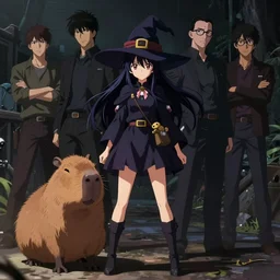 full body portrait character concept art, anime key visual of a little witch with her capybara mascot, cinematic lighting, dramatic atmosphere, by dustin nguyen, akihiko yoshida, greg tocchini, greg rutkowski, cliff chiang, 4 k resolution, craig mullins