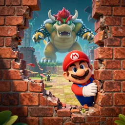 super Mario hiding behind a crumbling brick wall in a ruined kingdom from a gigantic demonic bowser in the distance, silent Hill, horror, hyper realistic vfx simulation, cryengine