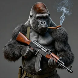 A gorilla holding an AK47 smoking a cigar, matte painting, artstationHQ