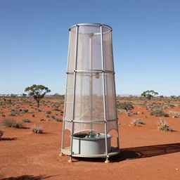 modular atmospheric water collector tower, fog collector, fine sailcloth mesh, windtrap, with reservoir in the australian red desert