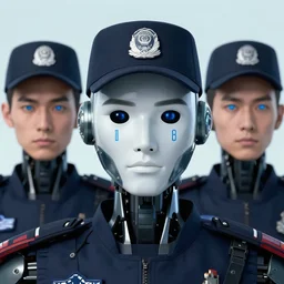 close - up portrait of robot policemen, face attributes marked from thx 1 1 3 8, by ilya kuvshinov, by thomas lawrence, by bayard wu, trending on artstation, masterpiece