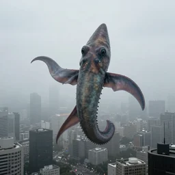 a giant squid monster floating over a city fog