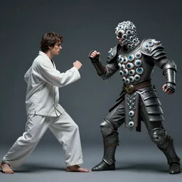 A man wearing an armor made entirely out of eyes dueling a man in pyjamas, Very detailed 8k. Fantasy horror. Sharp. Cinematic post-processing