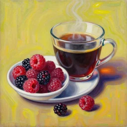 an oil painting of a glass cup of coffee next to a dish filled with raspberries and blackberries, trippy colors