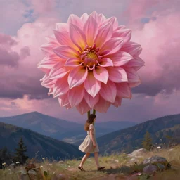 giant dahlia flower crown head, girl walking, on mountain, surreal photography, pink storm clouds, dramatic light, impressionist painting, digital painting, artstation, simon stalenhag