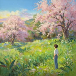 an extraordinarily beautiful oil painting of a landscape in spring during sunrise ; lush vegetation ; the most beautiful painting in the world ; by makoto shinkai and craig mullins