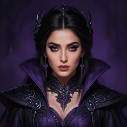 head-on centered symmetrical painted portrait, Mahira Khan as a D&D wizard, intricate black and purple fantasy robes, fantasy, intricate, elegant, highly detailed, digital painting, smooth, sharp focus, illustration, dramatic lighting, artstation, in the style of Artgerm and Anna Podedworna and Alex Ross