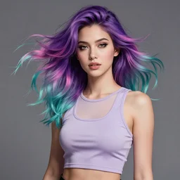a award winning half body porttrait of a beautiful woman in a croptop with ombre purple pink teal hairstyle with head in motion and hair flying by sandra chevrier, outrun, vaporware, illustration, digital art, trending on artstation, highly detailed, fine detail, intricate