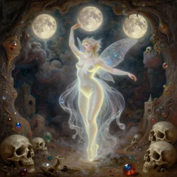 concept art of translucent glowing curvy buxom fairy dancing, renaissance, flowy, melting, round moons, rich clouds, very detailed, volumetric light, mist, fine art, decaying, textured oil over canvas, epic fantasy art, very colorful, ornate intricate scales, walls and floor cave of skulls, fractal gems, 8 k, wide angle, high contrast