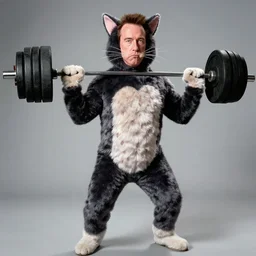 Arnold Schwarzenegger wearing a cat costumes weight lifting