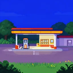 Pixel art of a rural gas station at dusk, perfect flat-shaded pixels, in the style of 1981 Video Games, 4bit, CGA, 16 colors, sharp contrast