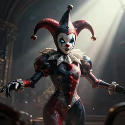 an impressive ominous cinematic shot photo of a court jester volumetric dynamic fluid simulation lighting light god rays impressive masterpiece hyper ultra detailed intricate sharp focus 8 k realistic illustration canon eos r 3 fujifilm x - t 3 0 sony alpha, by james gurney tooth wu artgerm colorful!!!, trending on artstation behance cgsociety, octane render nvidia raytracing demo