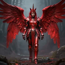 woman - unicorn hybrid red angelic wings, calm, melancholy scenery, full body armor, sparky metallic, unreal engine 5, cinematic lights, high detail, fantasy classic digital art, james ryman, sea of thieves style