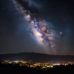 a beautiful double exposure of a deep field astrophotography image of andromeda by hubble in the sky and a night time landscape with mountains and a cityscape, lpoty, award winning, apod