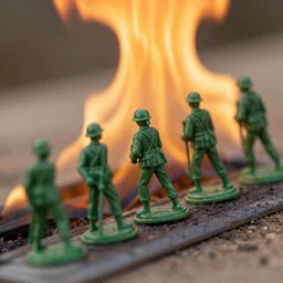5 green plastic toy soldiers in set on fire with fuel . close up. DOF 100mm. F/1.8 45 45 degrees angle