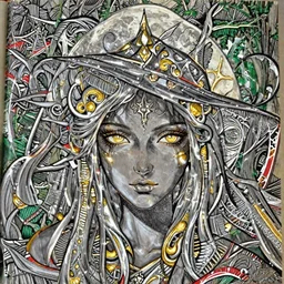 glowing silver and golden elements, full close-up portrait, young female face model as a dark witch in front of the full big moon, book cover, green forest, red white black colors, establishing shot, extremly high detail, photo-realistic, cinematic lighting, pen and ink, intricate line drawings, by Yoshitaka Amano, Ruan Jia, Kentaro Miura, Artgerm, post processed, concept art, artstation, matte painting, style by eddie, raphael lacoste, alex ross