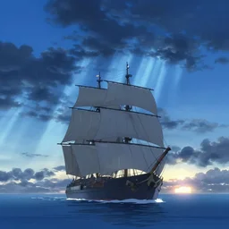 ship sailing at sea, dynamic blue sky, storm sky, sun sunset, with blue light piercing through clouds, makoto shinkai, royal blue colors, lighting refraction, volumetric lighting, pixiv art, highly detailed, anime art, greg rutkowski, symmetrical, artgerm, wlop, anime art