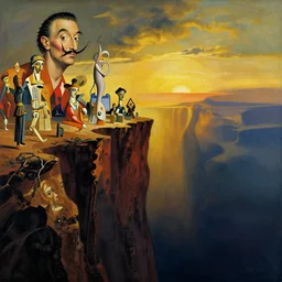 at the edge of the abyss, bold colours, atmospheric, surrealist, golden hour, highly detailed, dramatic lighting, moody, by dali and moebius and picasso and corben and giorgio de chirico and el greco and munch