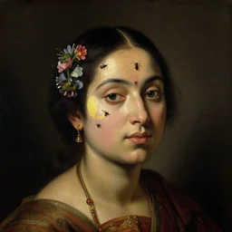 oil painting portrait dark background 8 0's srilankan woman face made of flowers and insects by otto marseus van schriek rachel ruysch christian rex van minnen in baroque style, by craig mullins, j. c. leyendecker, lights, art by ernst haeckel