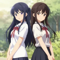 2 anime girls standing back to back, pixiv