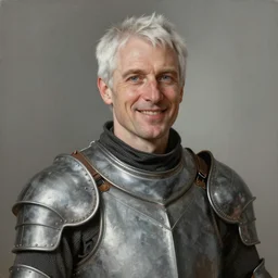 portrait painting of a friendly man with short white hair wearing a grey pelt gambeson, late 3 0 s. sharp focus, award - winning, trending on artstation, masterpiece, highly detailed, intricate. art by rebecca guay