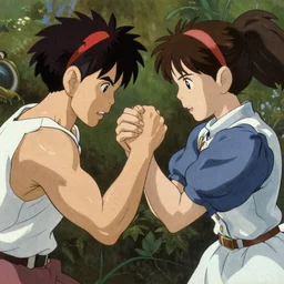 an amazon and a valkyrie arm wrestling, fantasy, ilya kuvshinov face, highly detailed, lush cel shading, digital painting, anime still, artwork by hayao miyazaki and alphonse mucha