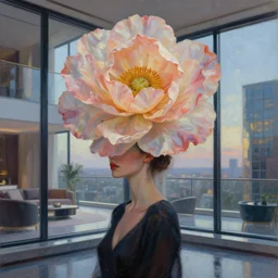 portrait, giant flower as head, woman next to modern windows, luxury apartment, surreal photography, dramatic light, impressionist painting, digital painting, artstation, james gilleard