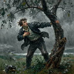 The art installation shows a man caught in a storm, buffeted by wind and rain. He clings to a tree for support, but the tree is bent nearly double by the force of the storm. The man's clothing is soaked through and his hair is plastered to his head. His face is contorted with fear and effort. art nouveau by Ford Madox Brown, by Henri-Edmond Cross unplanned