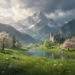 beautiful render of a spring landscape, unreal engine, first light, majestic mountains, lake, lush grass, dramatic clouds, castle ruins, soft light, by greg rutkowski, cgsociety