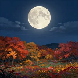 landscape, autumn night, huge moon, full of colorful flower and tree, beautiful cloud, quiet, no people, anime background,, illustration, sharp focus, intricate, smooth, super wide angle, trending on artstation, trending on deviantart