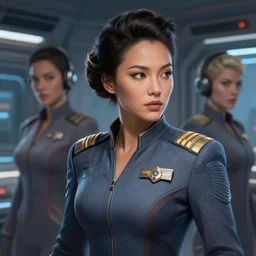 epic professional digital airbrush art of attractive female asian starship captain, by leesha hannigan, iris van herpen, joelle jones, artstation, cgsociety, wlop, epic, realistic, gorgeous, detailed, cinematic, masterpiece