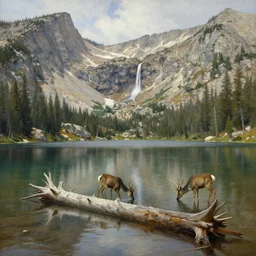 Mountain lake in Sierra nevada, mountain with a waterfall in the background, deers drinking water in the lake, old fallen tree half-submerged into the lake, oil painting by Albert Bierstadt