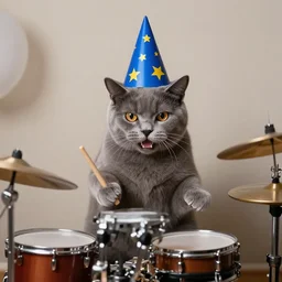 terrified gray cat playing drums in a blue wizard party hat with yellow stars